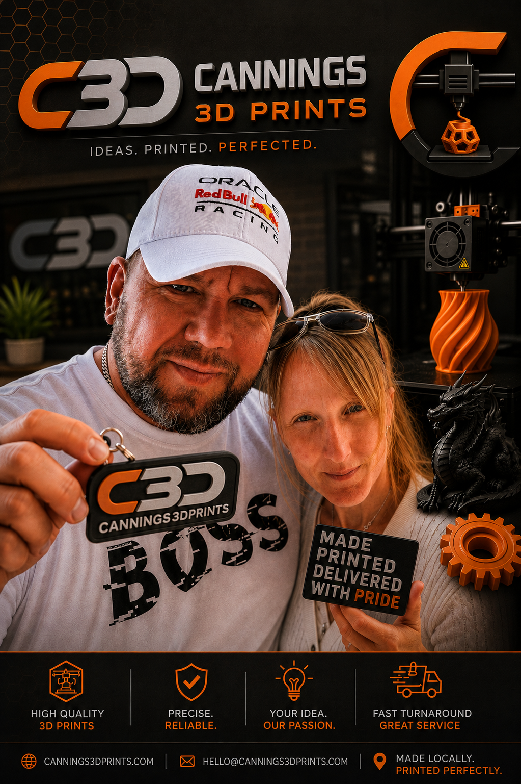 Two people smiling and holding signs at a 3D printing business, with 3D printer equipment and signage in the background.