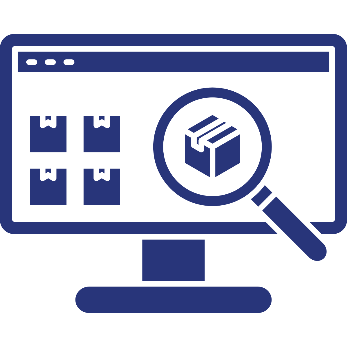 Computer monitor displaying a package delivery application with packages and a magnifying glass identifying a box.