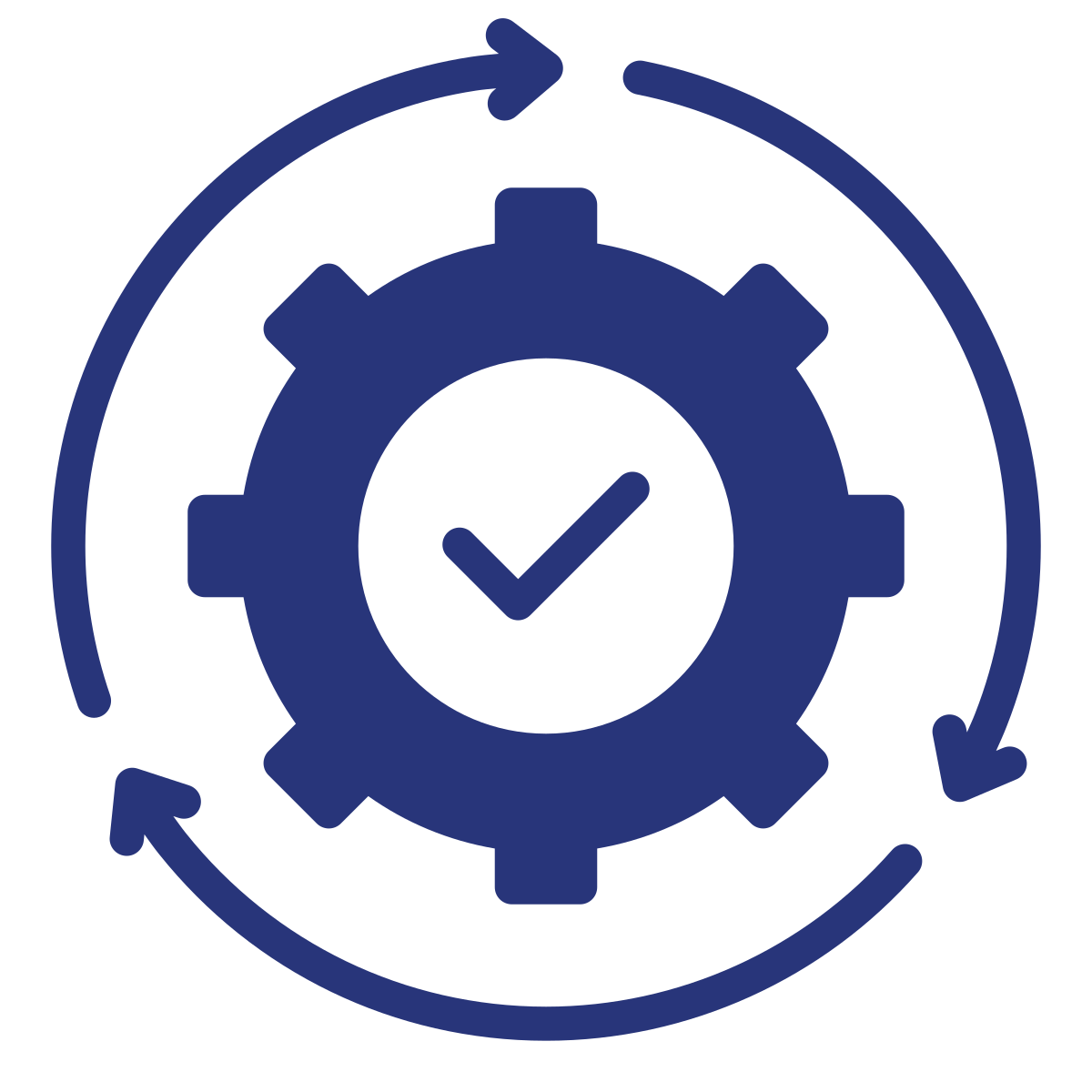 Clock with a gear in the center, a check mark inside the gear, and a circular arrow around the gear.