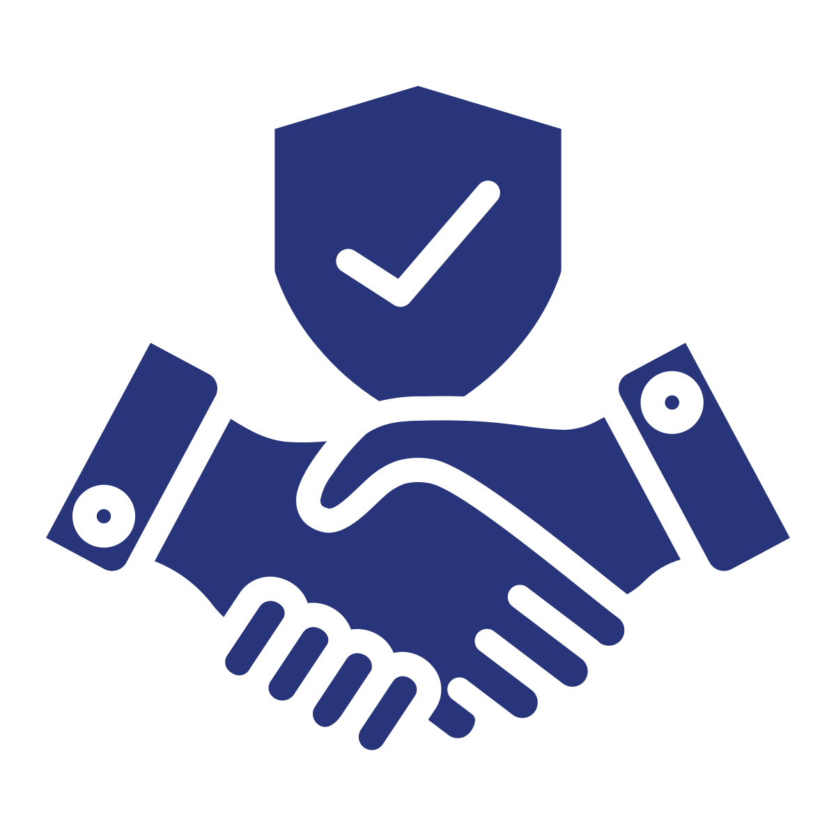 Icon of a handshake with a shield and check mark above, symbolizing trust or security.