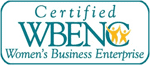 Certified Women's Business Enterprise logo with a sun and wave design.