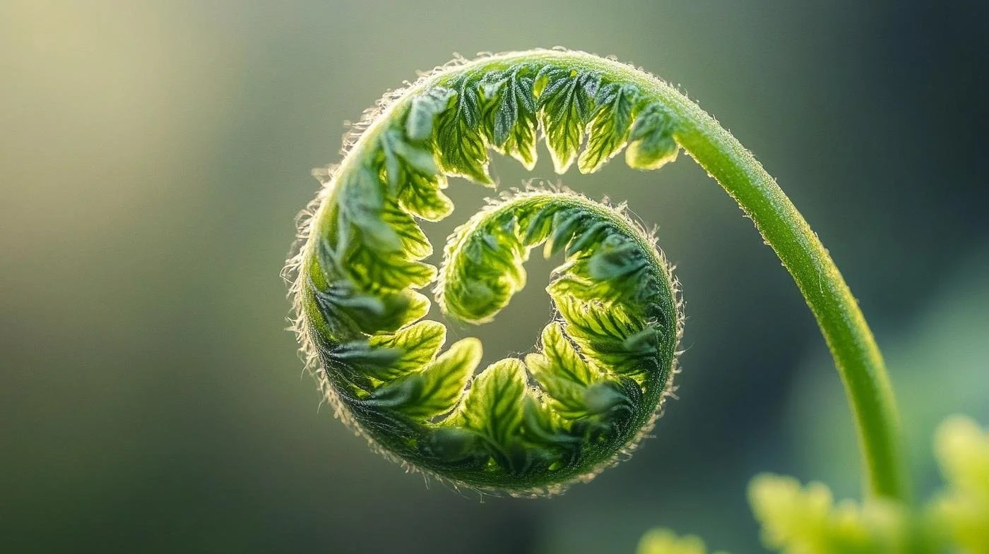 Nahaufnahme eines grünen, sich spiralig windenden Farns, mit feinen Härchen an der Oberfläche, vor unscharfem Hintergrund