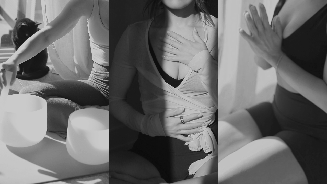 A woman practicing yoga, a woman with a hand on her chest and another on her stomach, and a woman with hands pressed together in prayer, all in black and white.
