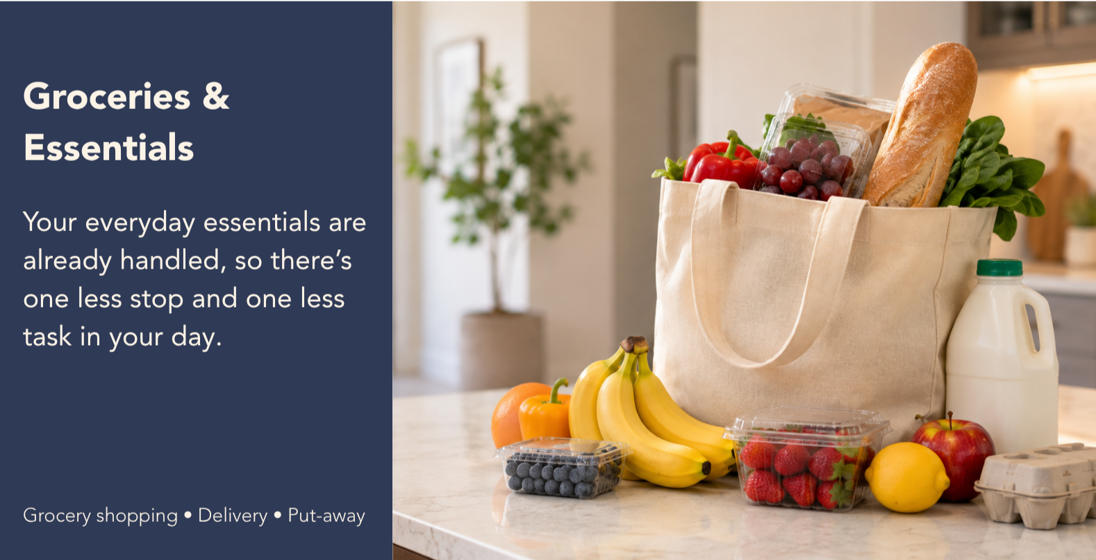 A reusable tote bag filled with groceries such as a baguette, grapes, and vegetables on a kitchen counter. Fresh groceries and household essentials delivered to a client’s home through EaseWell concierge services in Boca Raton.