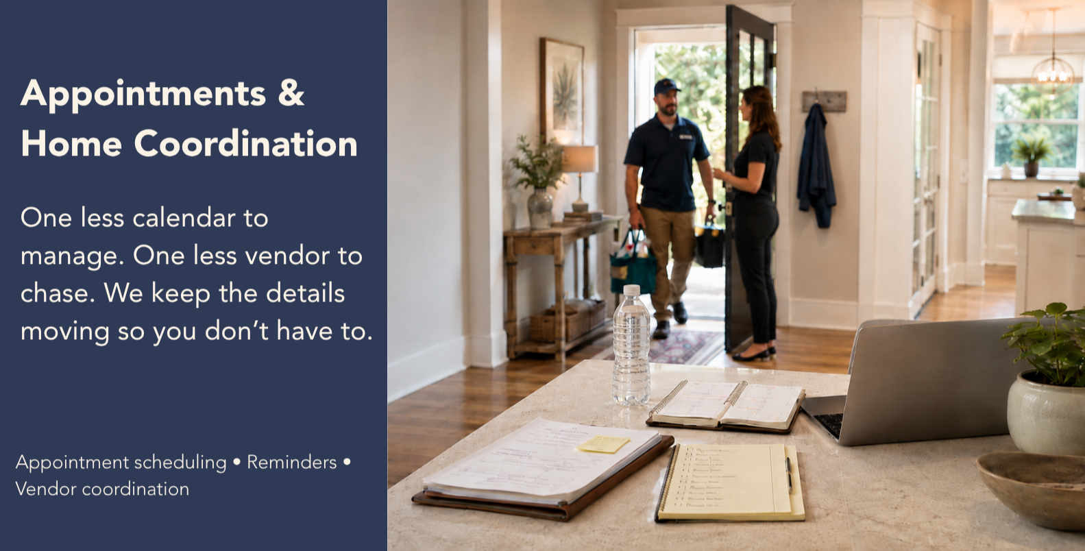 A woman signing a delivery or service receipt with a male delivery person standing at the front door of a home. EaseWell concierge coordinating appointments and a home service professional for a client in Boca Raton, Florida.