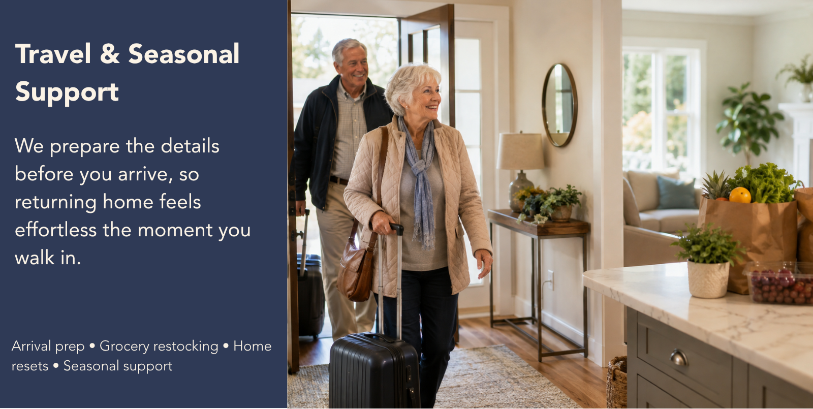 Senior couple returning home from travel with groceries and household essentials prepared through EaseWell seasonal concierge support.