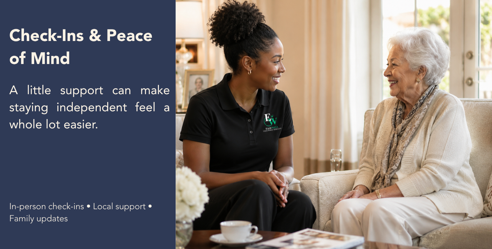 EaseWell Concierge Services team member providing personalized senior check-in and lifestyle support to an older adult at home in Boca Raton, Florida.