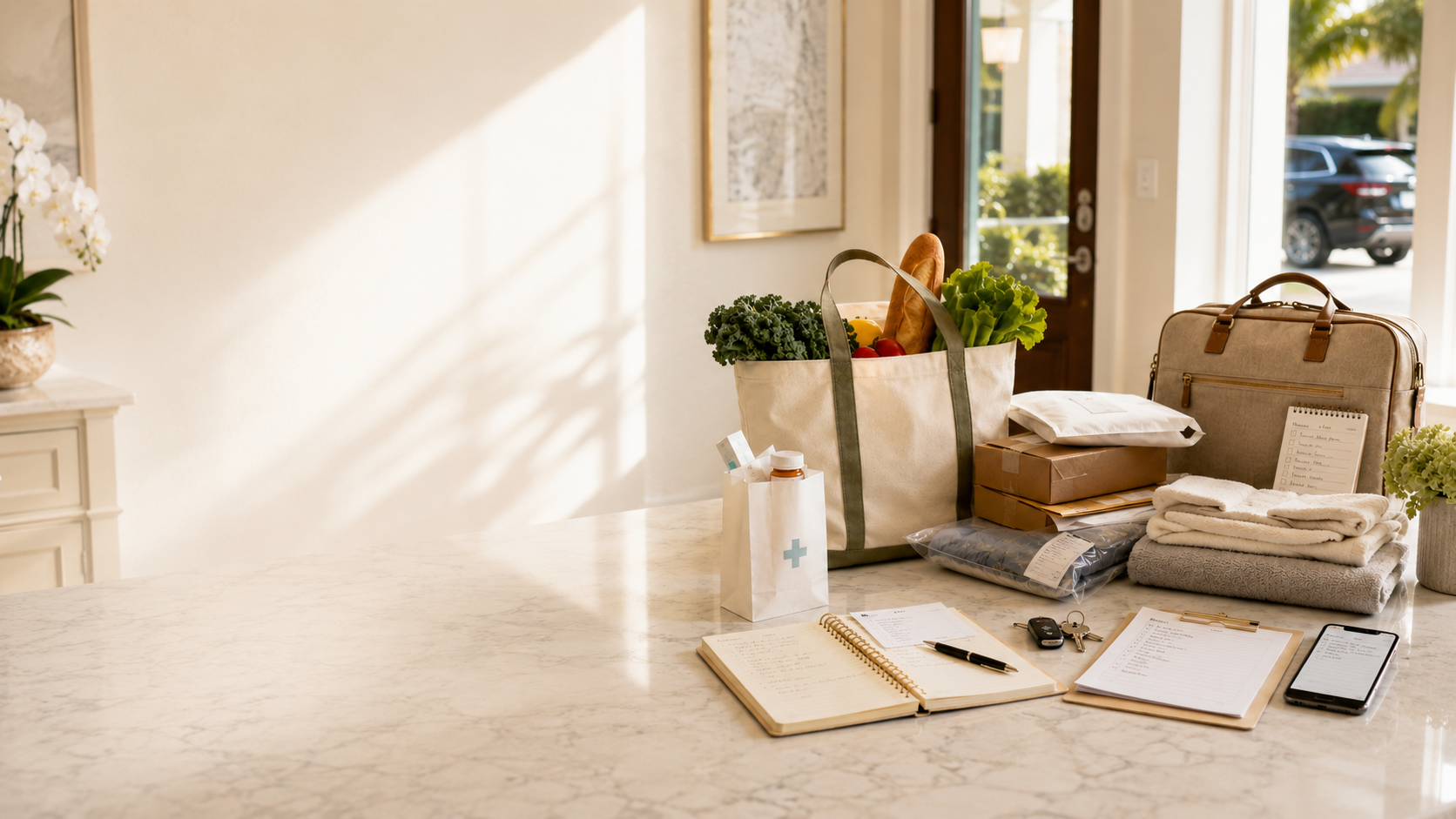 EaseWell concierge support for seniors and busy households, including grocery pickup, pharmacy errands, package returns, home organization, appointment scheduling and everyday task coordination in Boca Raton.