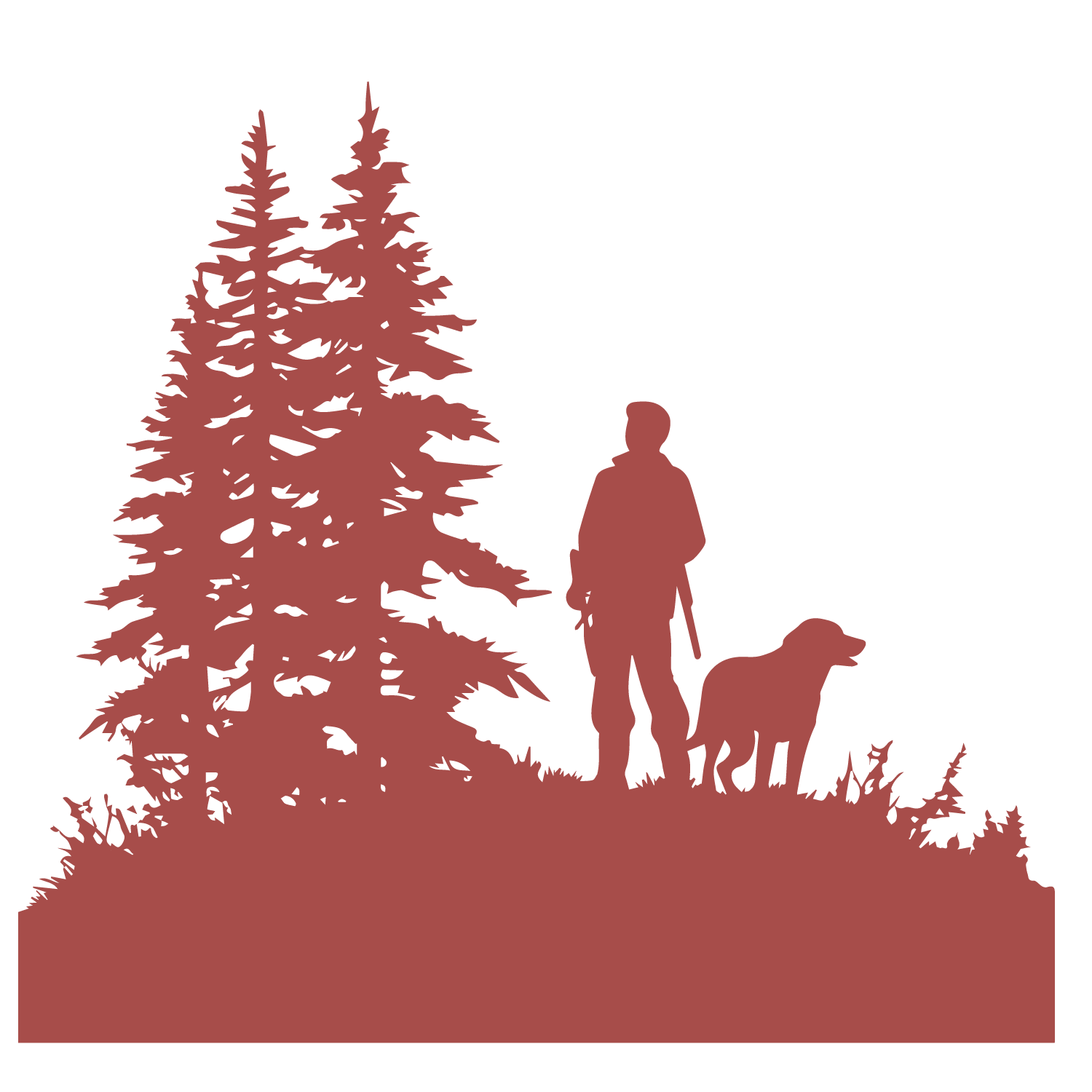 Silhouette of a person walking a dog near trees and bushes at night.