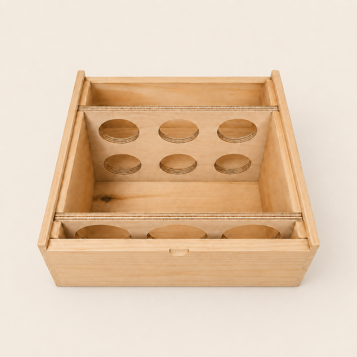 Shaped wooden cradles supporting wine bottles inside a custom box.