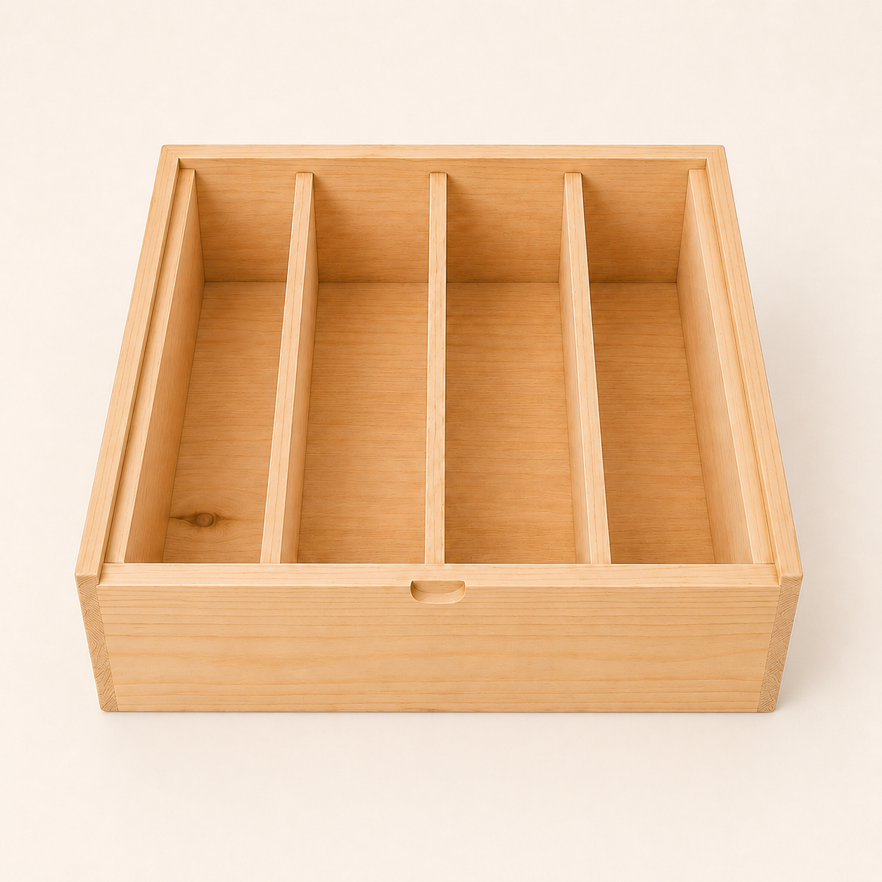 Wooden dividers separating wine bottles inside a custom wine box.