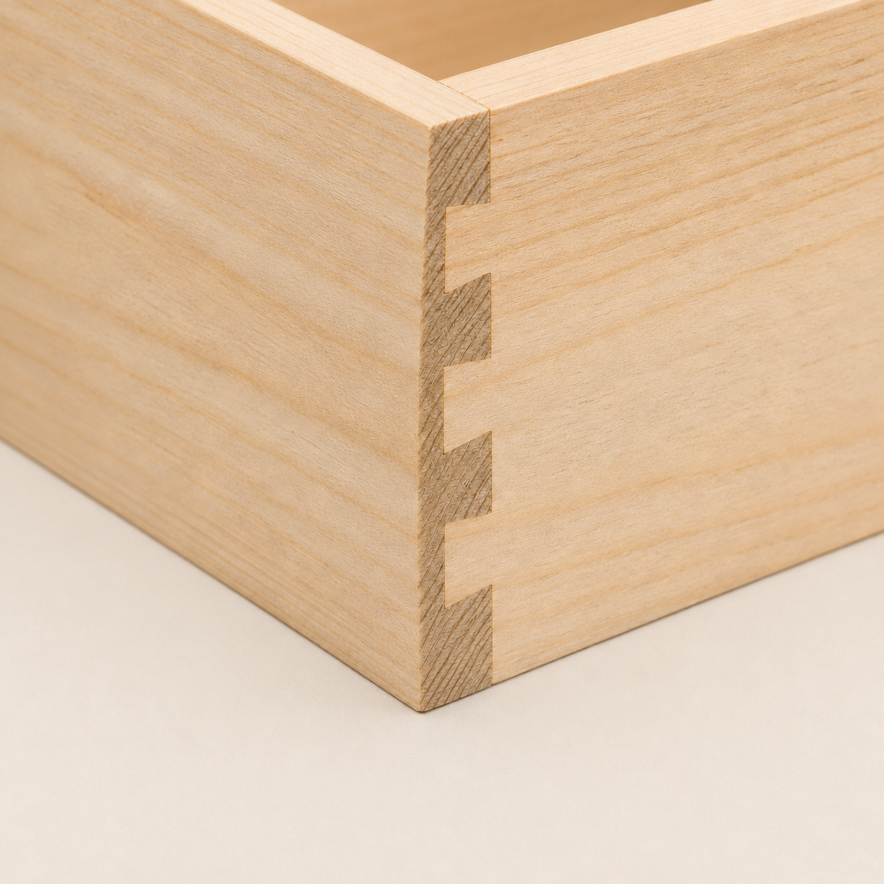 Dovetail corner joint on a custom wooden wine box.