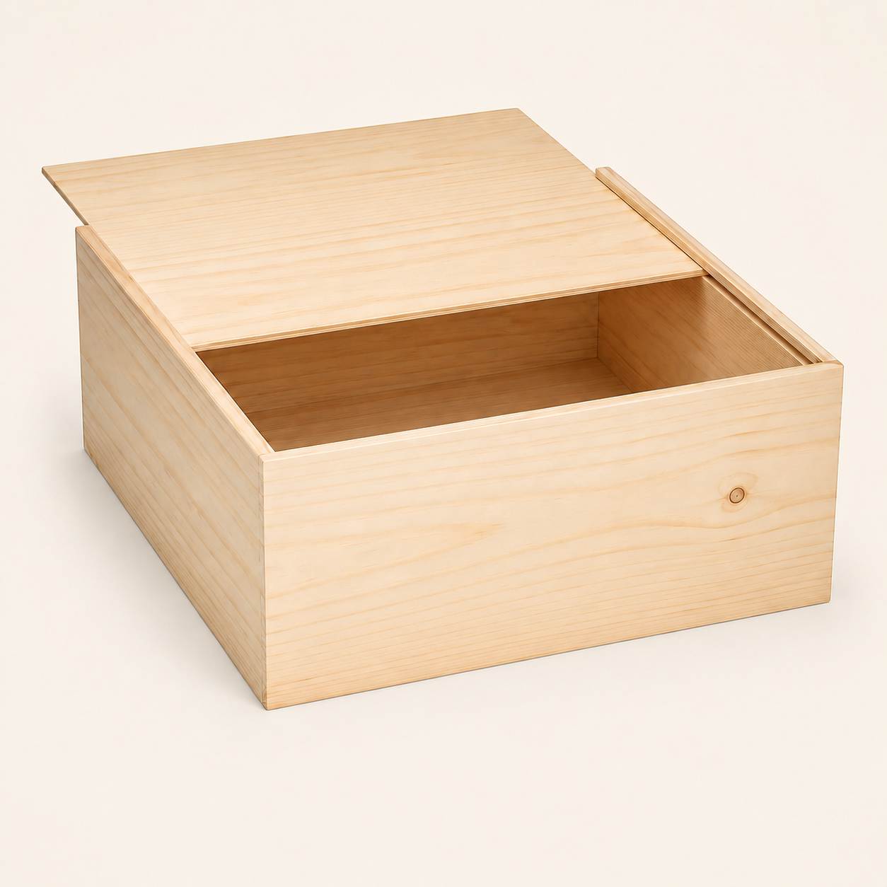 Wooden wine box with a sliding lid set in routed grooves.