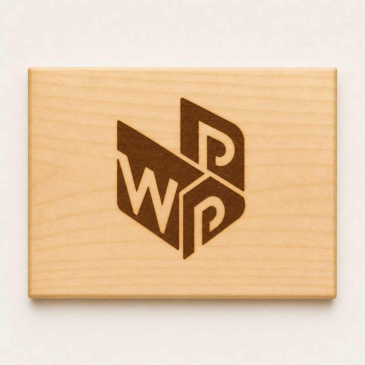 Heat-branded logo on the surface of a wooden wine box.