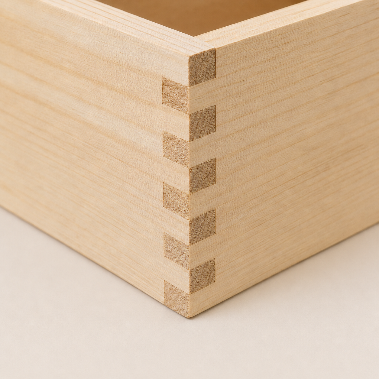 Finger-joint corner construction on a custom wooden wine box.