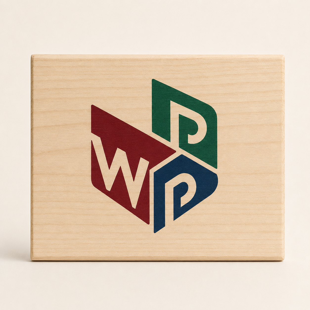 Full-color logo applied to a wooden wine box with UV printing.