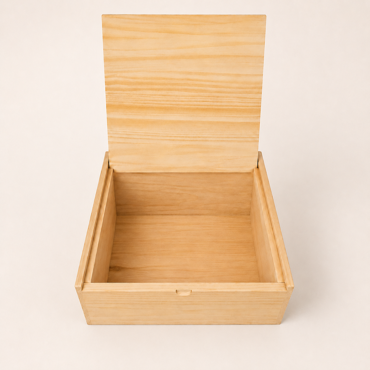 Hinged wooden wine box with the lid open.