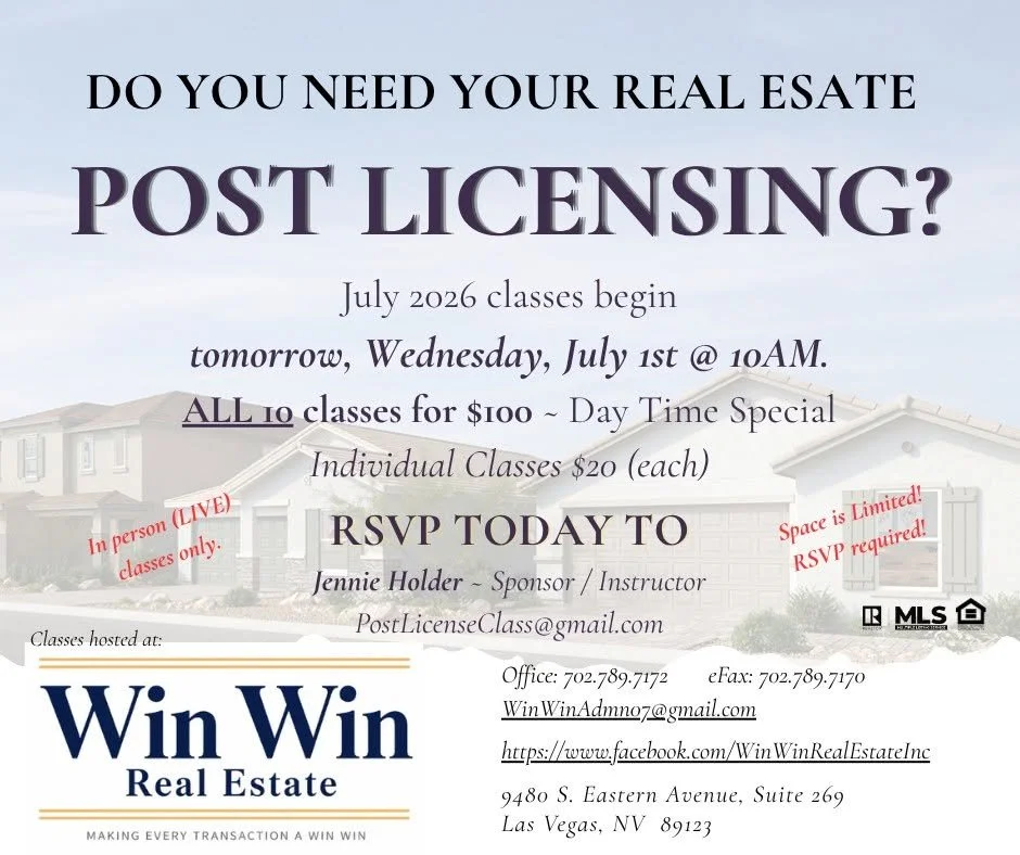 Promotional graphic for Win Win Real Estate Advertising Nevada Real Estate Post Licensing Classes.
