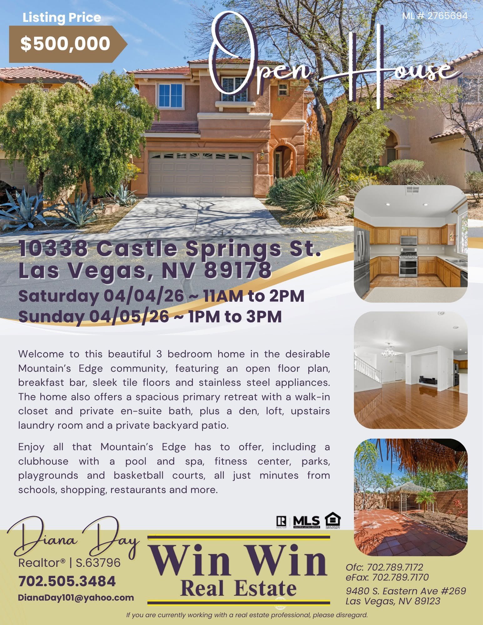 Win Win Real Estate Advertising a past Open House at 10338 Castle Springs St, Las Vegas, NV 89178 Hosted by Diana Day on Saturday April 4th 2026 & Sunday April 5th 2026.
