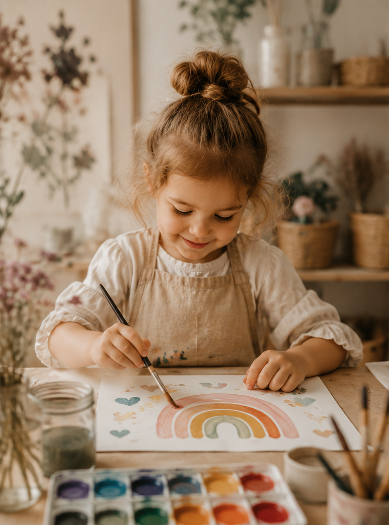 A young girl wearing a beige apron is painting a rainbow with watercolors on paper in an art studio decorated with flowers and plants.