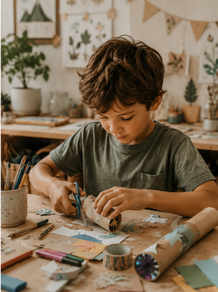 Young boy using scissors to cut paper craft in arts and crafts room decorated with nature-themed artwork and plants.