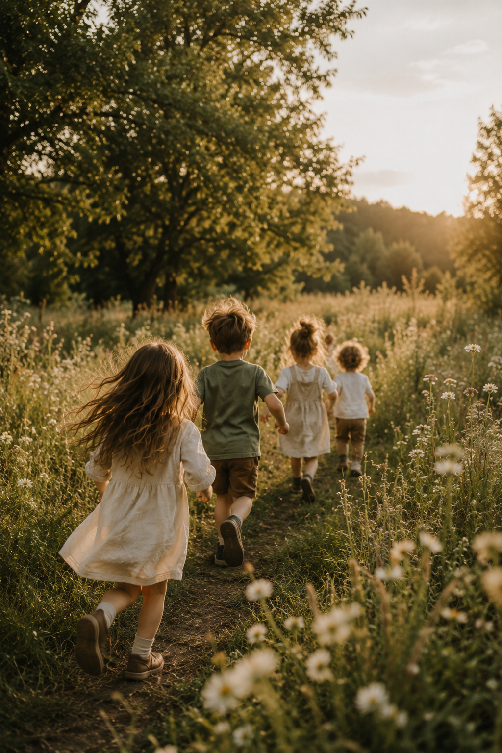 Four children running through a field of wildflowers during sunset.