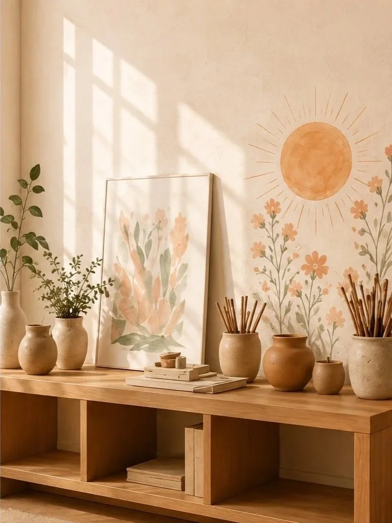 A wooden console table decorated with beige ceramic vases, some holding green and leafy plants, and others with wooden sticks. A framed watercolor painting of flowers rests against the wall, which has a mural of a sun and flowers painted on it. Sunlight streams through a window, casting shadows on the wall.