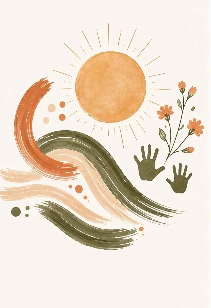 Watercolor illustration featuring a sun, flowing waves, two handprints, and a small bunch of flowers.