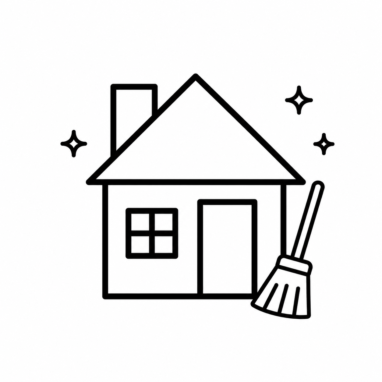 Line drawing of a house with a chimney, window, and door, with a broom leaning against it and stars around