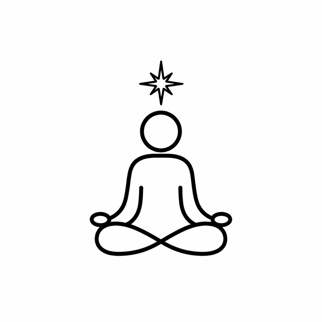 Line drawing of a person sitting in a yoga pose with crossed legs and hands resting on knees, with a starburst shape above their head.