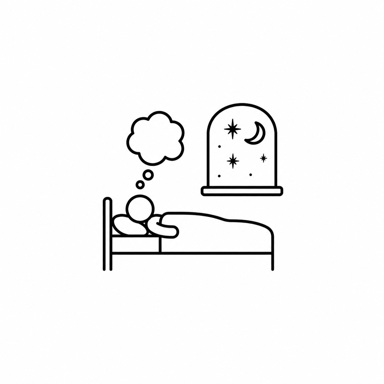 A simple black and white line drawing of a person sleeping in bed, with a thought bubble above their head, and a window showing night sky with stars and a crescent moon.
