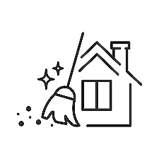 House with a broom and sparkles indicating cleaning