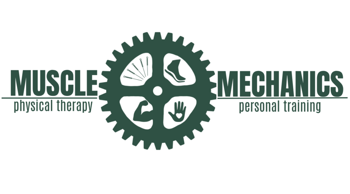 Logo of Muscle Mechanics featuring a gear with icons of a dumbbell, shoe, thumb, and hand, with words 'Muscle Mechanics' and 'physical therapy' and 'personal training'.