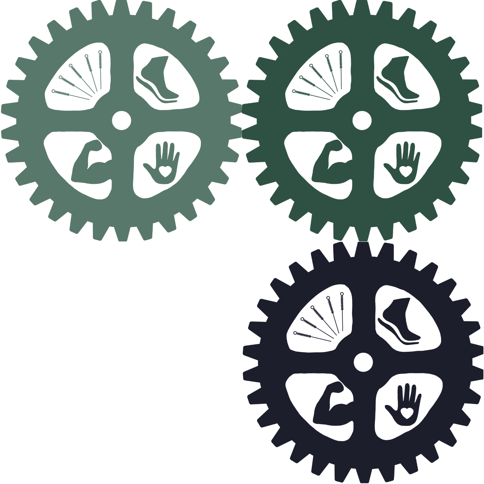 Four interconnected gears with skull and hand icons inside, in white, black, green, and gray colors.