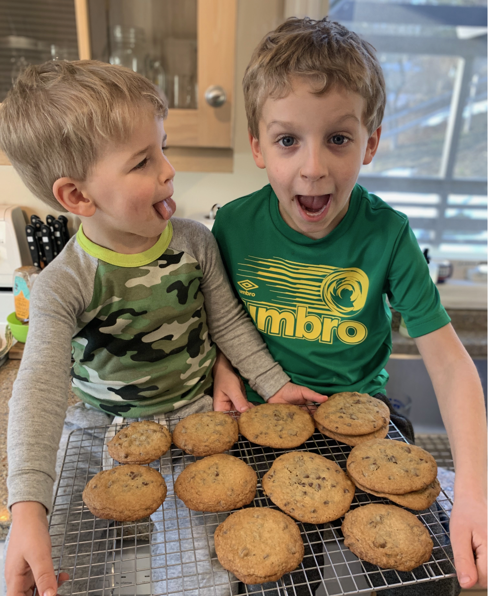 Two young boys happy and excited, holding a cooling rack of freshly baked chocolate chip cookies in a kitchen with a window and wooden cabinets in the background.