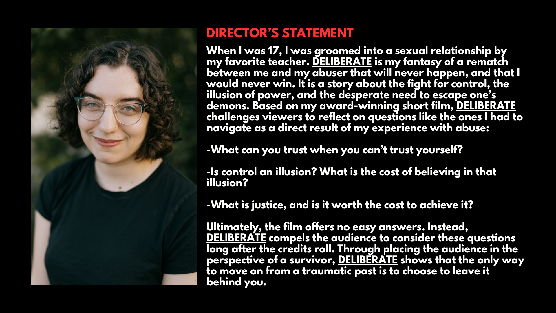 Director's Statement for the movie Deliberate, including a picture of the director Marta Roncada