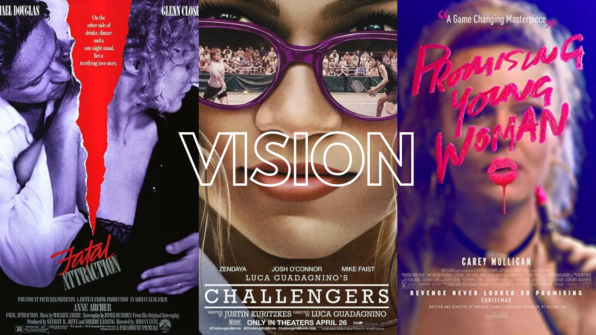 The creative vision behind the film, showcasing movie posters for Fatal Attraction, Challengers, and Promising Young Woman