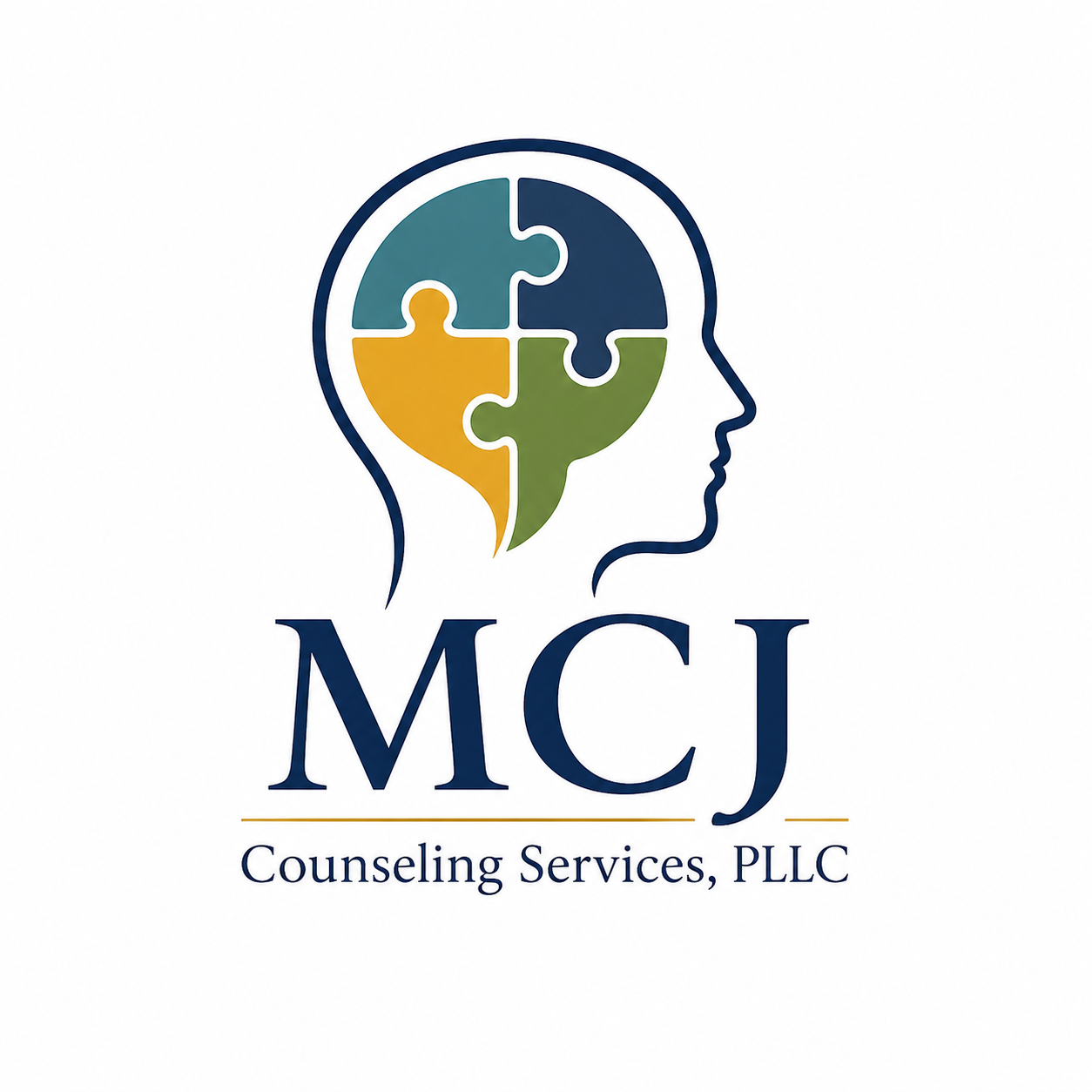 Logo of MCJ Counseling Services, PLLC featuring a side profile of a human head outline with a brain depicted as four puzzle pieces in green, yellow, teal, and dark blue, and the text 'MCJ Counseling Services, PLLC' below.
