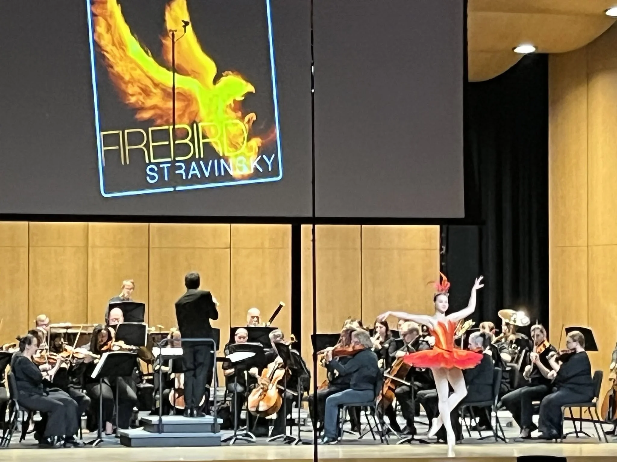 An orchestra performance with musicians playing string, wind, and percussion instruments on a stage with wood paneling and a large screen displaying a fiery bird logo with the words "FREBRI STRAVINSKY."