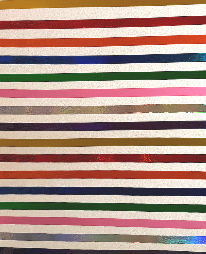 Colorful horizontal stripes in red, orange, blue, green, pink, silver, purple, gold, black, red, navy, green, pink, gray, and holographic designs on a textured wall.