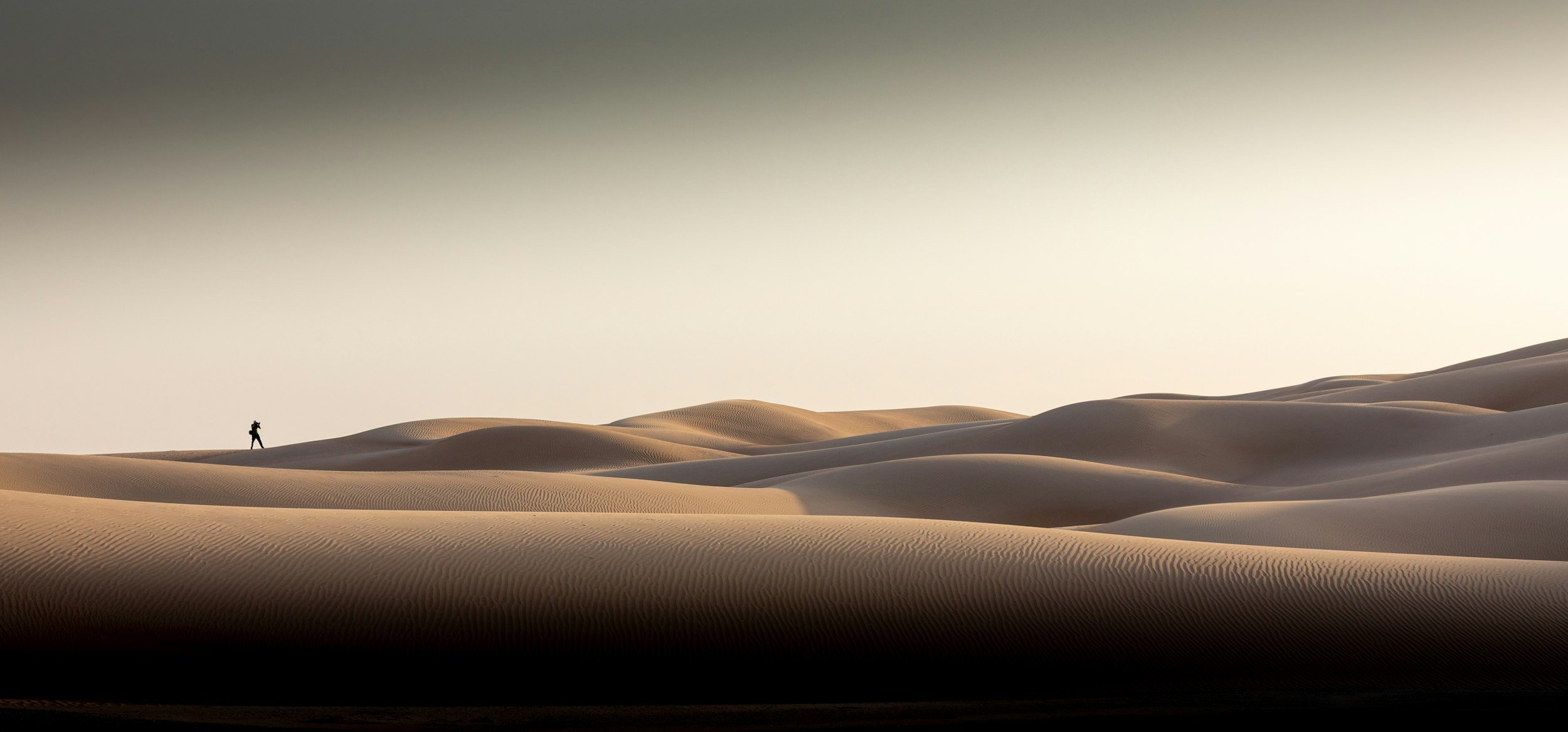 A lone person with a backpack walking across sand dunes in a vast desert under a pale sky.