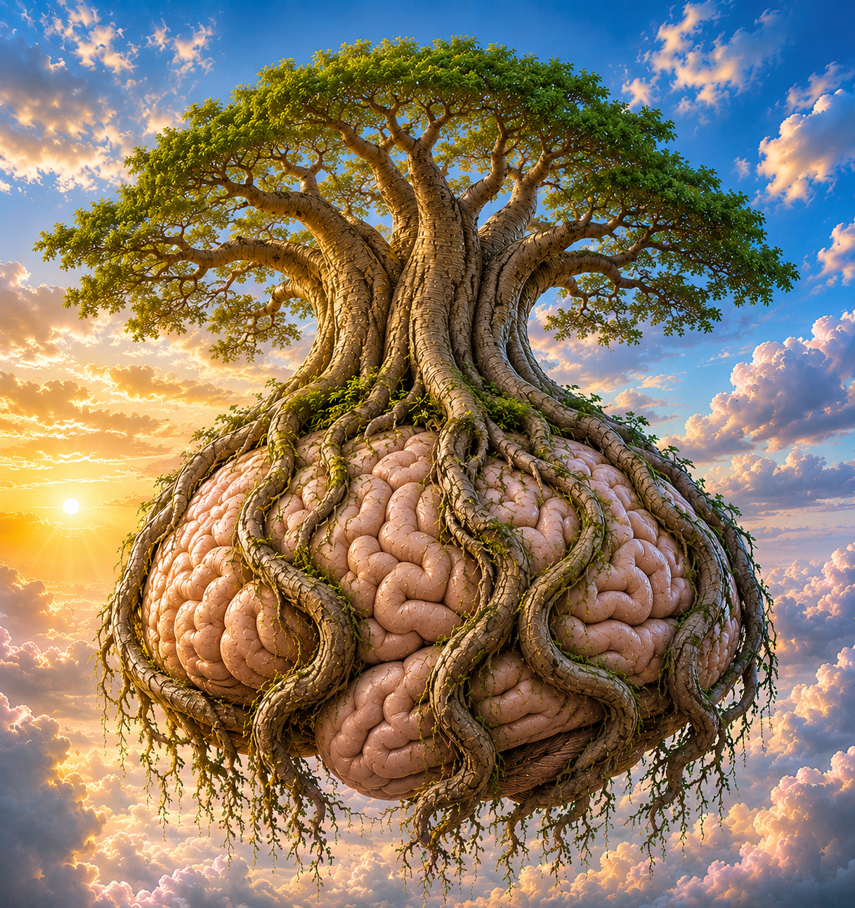 A surreal image of a large brain with tree roots and branches growing from it, sky with clouds and the sun setting in the background.