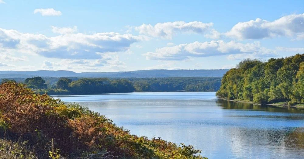 A peaceful river flowing through a lush green landscape with trees on both sides, under a partly cloudy sky.