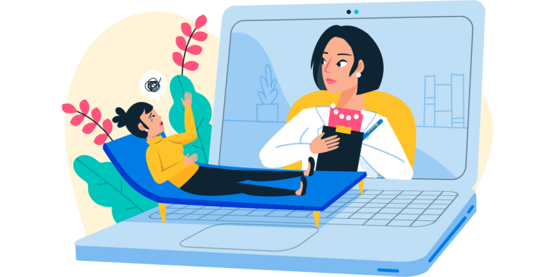 An illustration of a young girl lying on a laptop keyboard with plants, talking to a woman on a video call on the laptop screen, holding a tablet and pen.