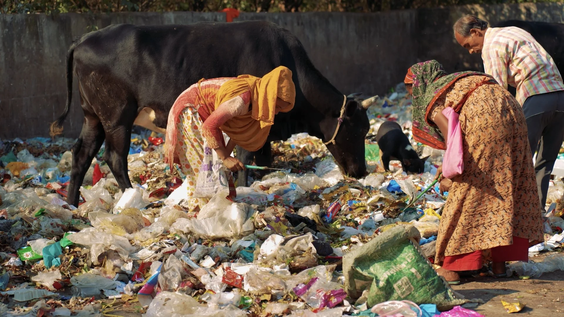 Poor women sorting through trash