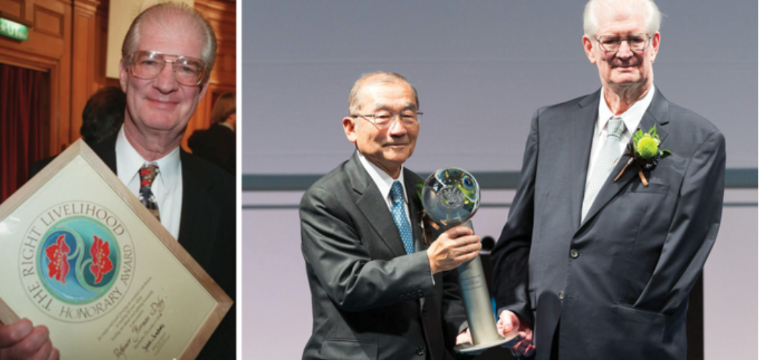 L to R: Daly receiving the Honorary Right Livlihood Award, and the Blue Planet Prize