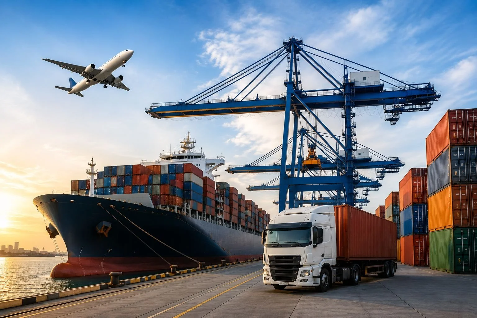 Cargo ship docked at port with stacked containers, a white truck with a container, large blue cranes, a plane flying overhead, and a city skyline in the distance during sunset.