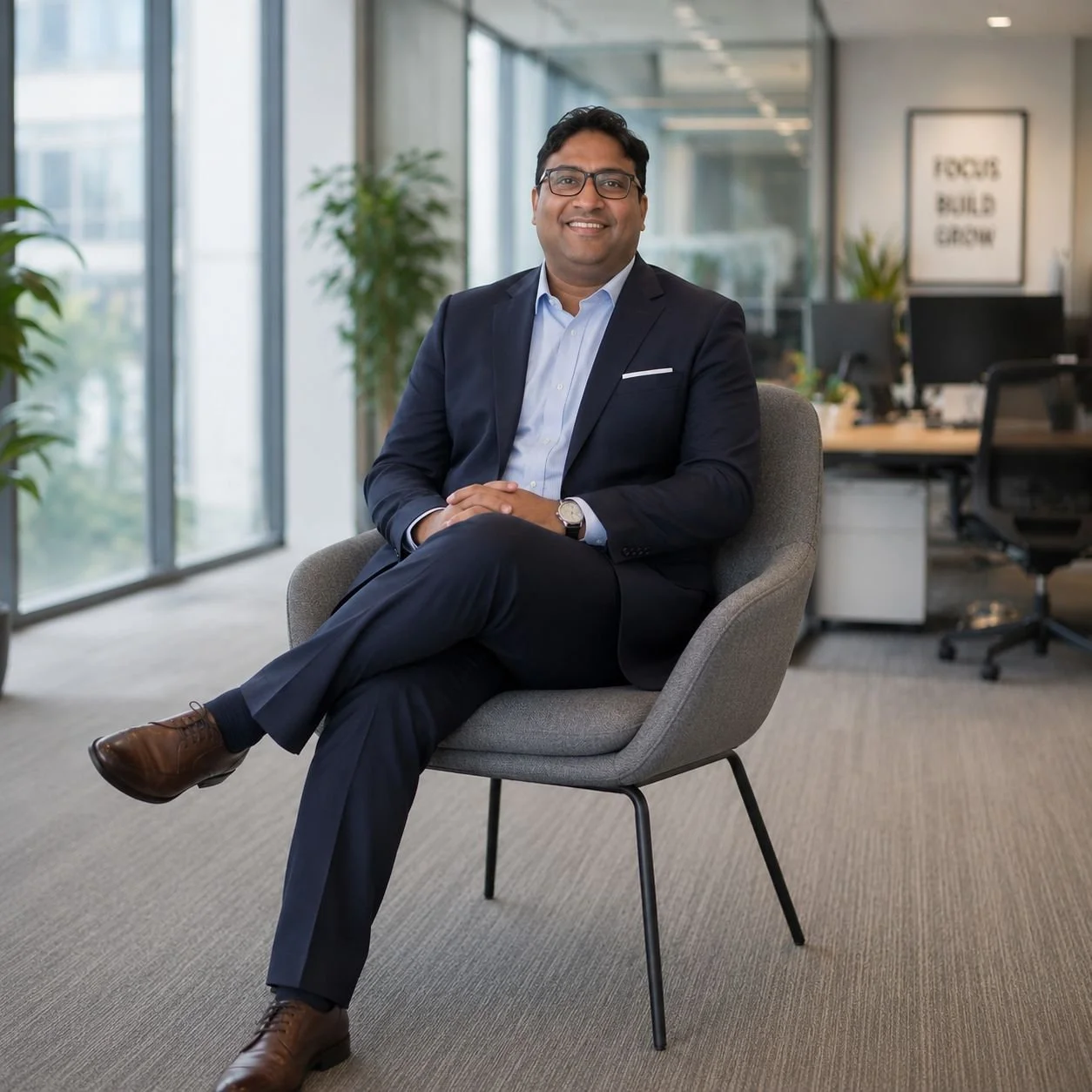 Business professional man in navy suit sitting in office chair inside modern office with large windows, plants, and motivational poster.