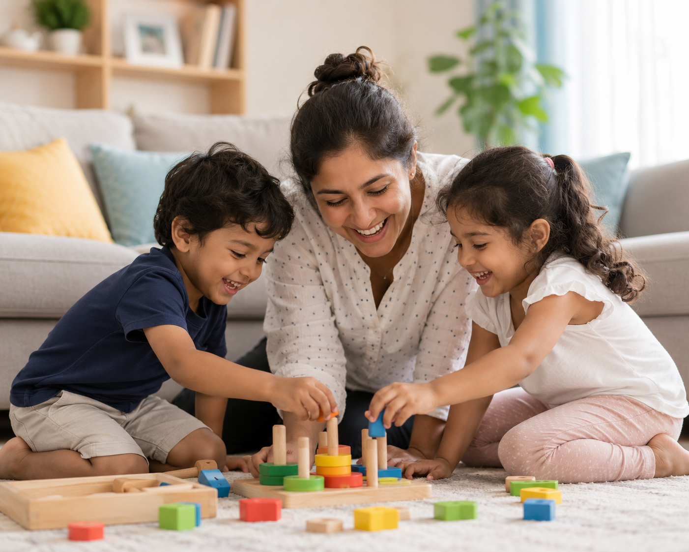 A woman and two children playing a wooden stacking toy game on a carpeted living room floor.