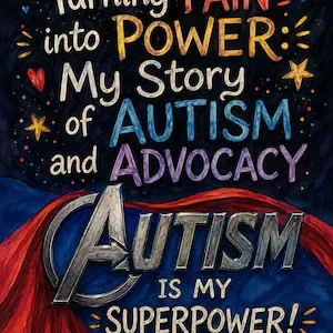 Colorful handwritten text on a dark background emphasizing autism advocacy as a superpower, with stars and hearts around.